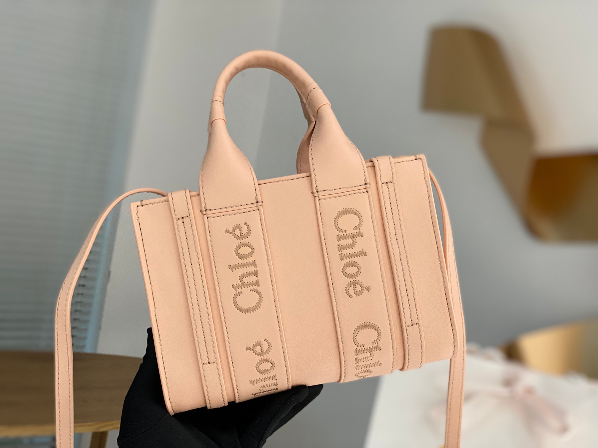 Chloe Mini Woody Tote Bag In Pink Soft Smooth Calfskin Leather